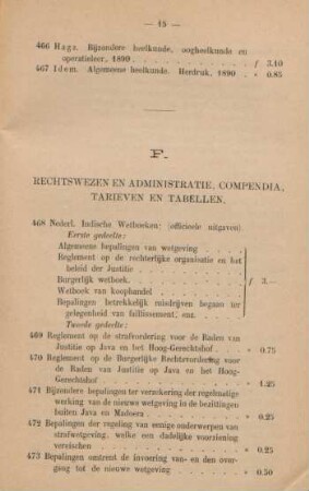 F. Rechtswezen en administratie, compendia, tarieven en tabellen