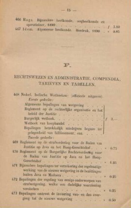 F. Rechtswezen en administratie, compendia, tarieven en tabellen