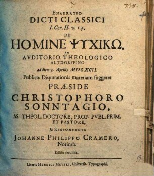 Enarratio dicti classici I. Cor. II. v. 14 de homine psychikō