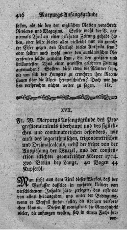 Anfangsgründe des Progeßionalcalcüls überhaupt und des figürlichen und combinatorischen besonders.
