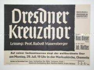 Maueranschlag zur Ankündigung eines Konzertes des Dresdner Kreuzchors in Chemnitz