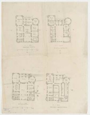 Thiersch, Friedrich von; Gotische Villa - Grundriss UG, Grundriss EG, Grundriss 1. OG, Grundriss DG