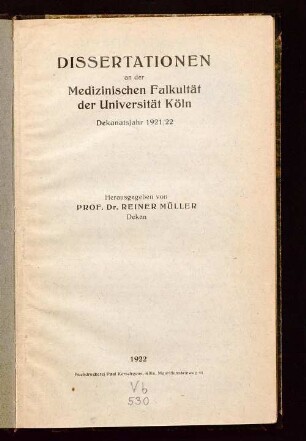 1921/22: Dissertationen an der Medizinischen Fakultät der Universität Köln