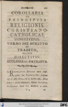 Corollaria De Principiis Religionis Christiano-Catholicae Constitutivis: Verbo Dei Scripto Et Tradito, Nec Non Directivis: Ecclesia et Patribus.