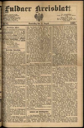 Erste Ausgabe vom Donnerstag, den 11. August 1892.