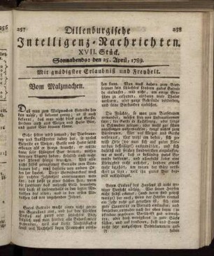 XVII. Stück. Sonnabends: den 25. April, 1789.