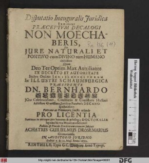 Disputatio Inauguralis Iuridica Exhibens Praeceptum Decalogi Non Moechaberis : Ex Iure Naturali Et Positivo cum Divino tum Humano deductum