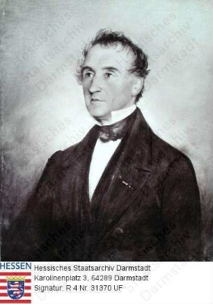 Liebig, Justus Freiherr v., Prof. Dr. med., Dr. phil. (1803-1873) / Porträt, linksblickend, Brustbild, mit handschriftlicher Bildlegende auf Großrepro