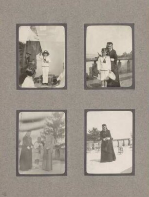 links oben: Großherzogin Luise mit Knabe (unbekannt) auf der Terrasse von Schloss Mainau rechts oben: Großherzogin Luise auf der Terrasse von Schloss Mainau links unten: Unbekannt (Knaben) auf einem Boot vor Mainau rechts unten: Großherzogin Luise mit Dame und Knabe (unbekannt) auf der Mainau