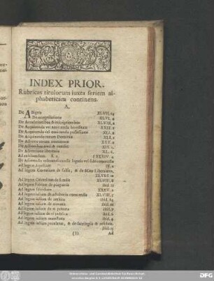Index Prior. Rubricas titulorum iuxta seriem alphabeticam continens.