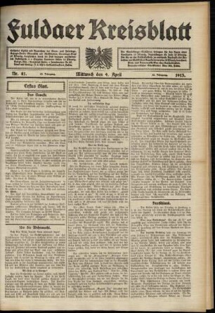 Erste Ausgabe vom Mittwoch, den 09. April 1913.