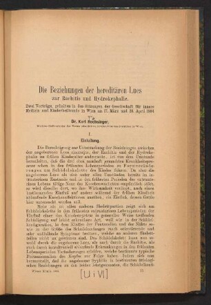 Die Beziehungen der hereditären Lues zur Rachitis und Hydrokephalie : zwei Vorträge, gehalten in den Sitzungen der Gesellschaft für Innere Medizin und Kinderheilkunde in Wien am 17. März und 28. April 1904