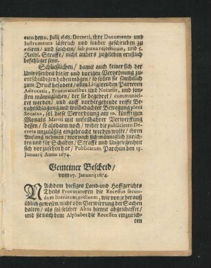 Gemeiner Bescheid/ vom 17. Ianuarii 1674.