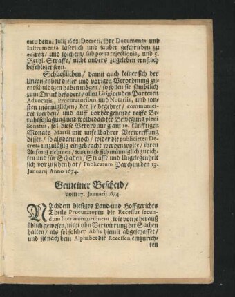 Gemeiner Bescheid/ vom 17. Ianuarii 1674.