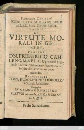 Exercitationum Ethicarum ad Lib. II. Ethic. Nicom. Aristot. Secunda De Virtute Morali In Genere