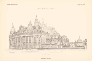 Neues Stadttheater, Köln: Perspektivische Ansicht vom Moritzplatz (aus: Atlas zur Zeitschrift für Bauwesen, hrsg. v. Ministerium der öffentlichen Arbeiten, Jg. 53, 1903)