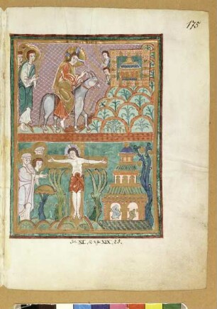 Sogenanntes Kostbares Evangeliar — Einzug in Jerusalem Kreuzigung und leeres Grab Christi, Folio fol. 175r
