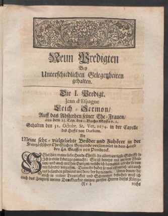 Neun Predigten Bey Unterschiedlichen Gelegenheiten gehalten