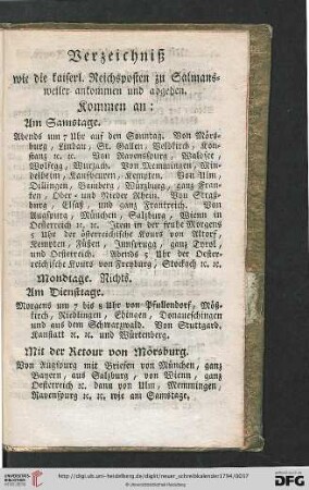 Verzeichniß, wie die kaiserl. Reichsposten zu Salmansweiler ankommen und abgehen