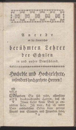 Anrede an die sämmtlichen berühmten Lehrer der Schulen in und außer Deutschland.