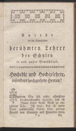 Anrede an die sämmtlichen berühmten Lehrer der Schulen in und außer Deutschland.