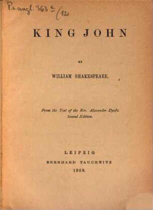 The plays of William Shakespeare : in 37 parts, 12. King John