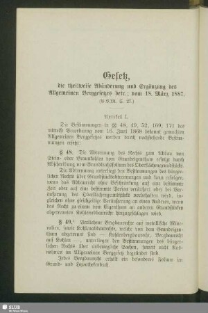 Gesetz, die theilweise Abänderung und Ergänzung des Allgemeinen Berggesetzes betr.; vom 18. März 1887