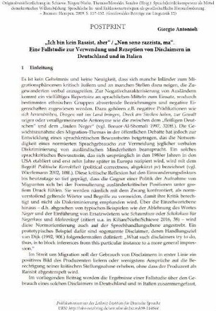 „Ich bin kein Rassist, aber“ / „Non sono razzista, ma“. Eine Fallstudie zur Verwendung und Rezeption von Disclaimern in Deutschland und in Italien