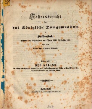 Jahresbericht des Königlichen Domgymnasiums in Halberstadt : Ostern ... bis ... 1850/51