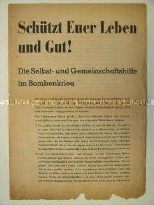 Flugblatt mit Hinweisen zum Luftschutz und zur Selbsthilfe bei Bombenschäden