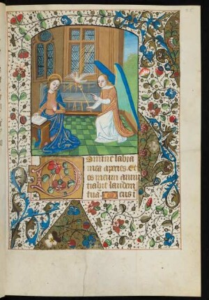 Vollbordürenseite mit Miniatur (Verkündigung), Initiale D und Blattrankenbordüre