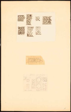 Muster von Fußbodenbelägen aus Altenzelle im Museum Dresden, Wandmalerei: Zahlreiche Skizzen mit geometrischer Ornamentik