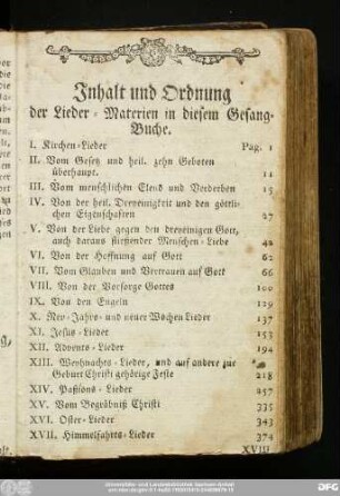 Inhalt und Ordnung der Lieder-Materien in diesem Gesang-Buche.