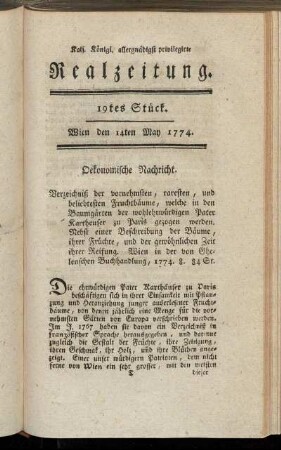 19tes Stück. Wien den 14ten May 1774.