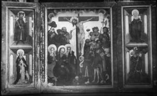 Erfurt, Barfüßerkirche, Färberaltar, Hauptbild mit Kreuzigung, auf den Innenseiten der Flügel Heilige; dreiflügeliges Altarretabel, von der Färberinnung gestiftet