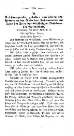 51. Eröffnungsrede, gehalten von Herrn D. Kramer in der Aula des Johanneums am Tage der Feier des 80jährigen Bestehens der Gesellschaft, Donnerstag den 10ten April 1845.
