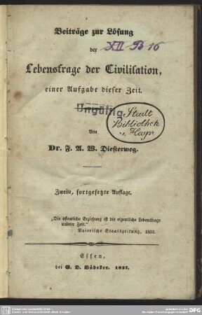 Beiträge zur Lösung der Lebensfrage der Civilisation, einer Aufgabe dieser Zeit