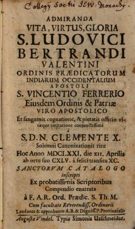 Admiranda Vita ... S. Ludovici Bertrandi