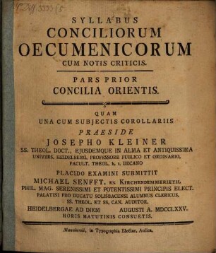 Syllabus conciliorum oecumenicorum : cum notis crit. ; P. prior, Concilia Orientis