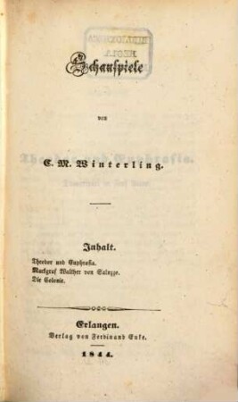 Poetische Versuche Werke, 1. Schauspiele