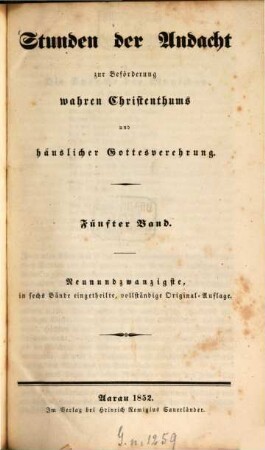 Stunden der Andacht zur Beförderung wahren Christenthums und häuslicher Gottesverehrung, 5