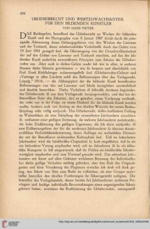 Neue Folge 31 = Jahrgang 55: Urheberrecht und Wertzuwachsanteil für den bildenden Künstler