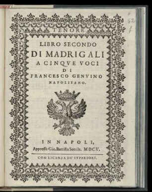 Francesco Genvino: Libro secondo di madrigali a cinque voci. Tenore