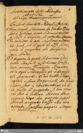 [Faszikel 1:] Avvertimenti delle medaglie antiche