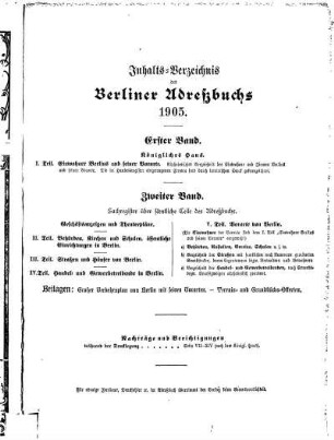 Inhalts= Verzeichniß des Berliner Adreßbuchs 1905