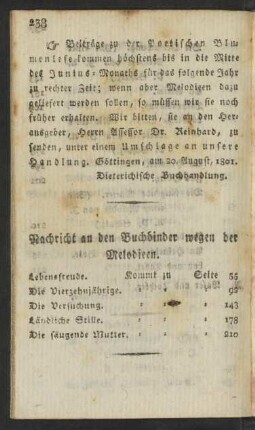 Nachricht an den Buchbinder wegen der Melodieen
