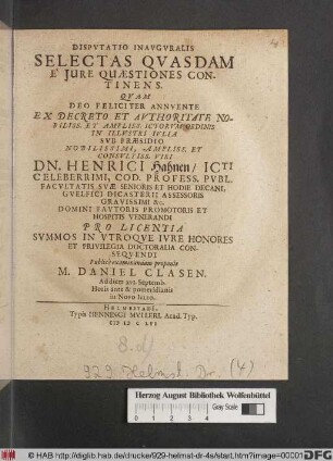 Disputatio Inauguralis Selectas Quasdam E' Iure Quaestiones Continens