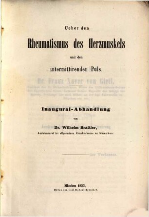 Über den Rheumatismus des Herzmuskels und den intermittirenden Puls : Inaugural-Abhandlung