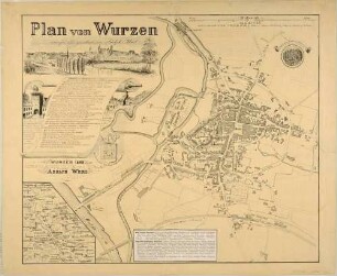 Stadtplan von Wurzen mit einer Stadtansicht und Angaben zur Stadtgeschichte
