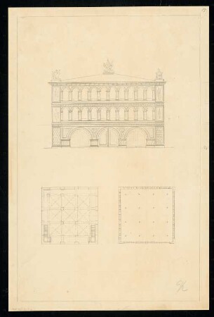 Zeughaus Monatskonkurrenz Juli 1831: 2 Grundrisse, Aufriss Hauptansicht